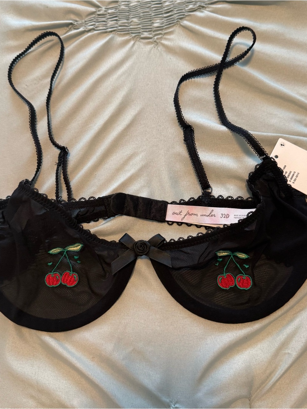 Black Mesh Underwire Bra with Cherry Embroidery